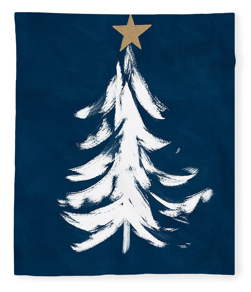 #faaAdWordsBest Fleece Blanket featuring the mixed media Navy and White Christmas Tree 1- Art by Linda Woods by Linda Woods