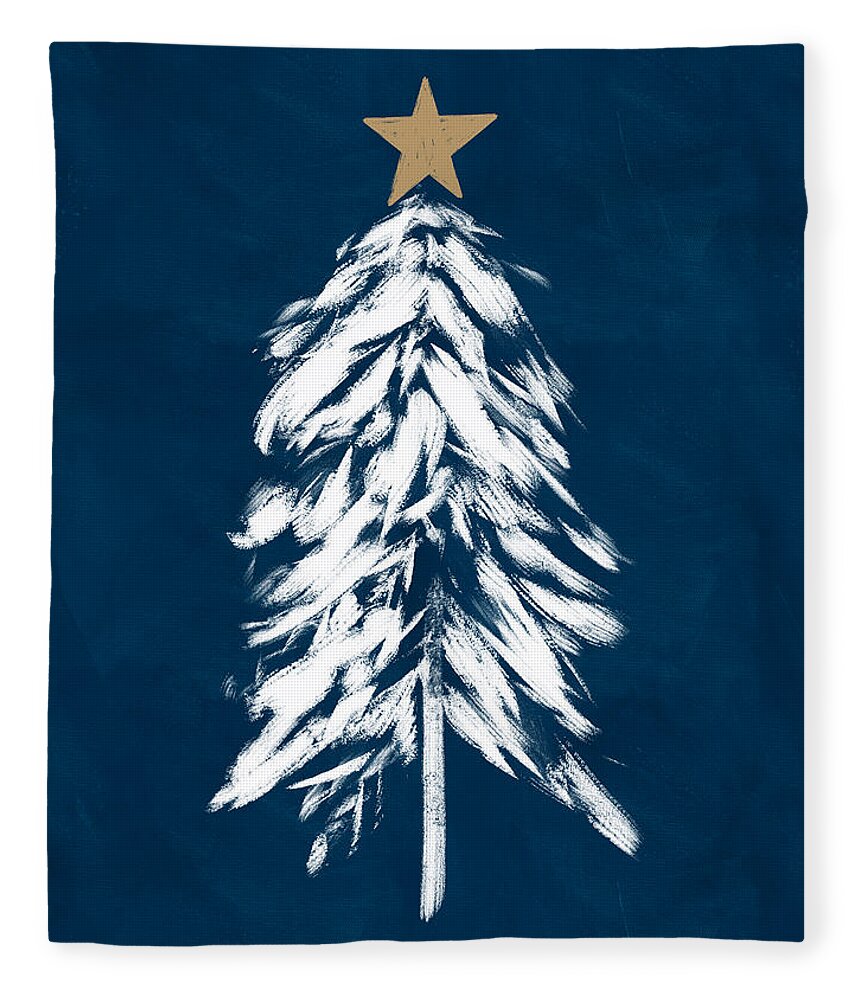 Christmas Fleece Blanket featuring the mixed media Navy and White Christmas Tree 2- Art by Linda Woods by Linda Woods