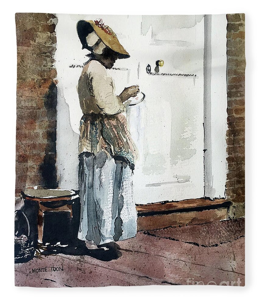 A Lady Stands In The Morning Sunlight Outside A Building At Williamsburg. Fleece Blanket featuring the painting Needle Point by Monte Toon