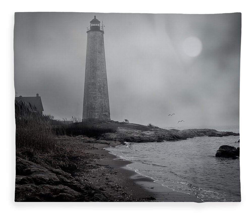 Fog Fleece Blanket featuring the photograph New Haven Lighthouse by Chris Lord