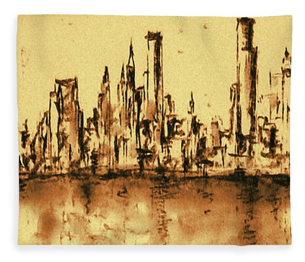 New+york Fleece Blanket featuring the painting New York City Skyline 79 - Water Color Drawing by Peter Potter