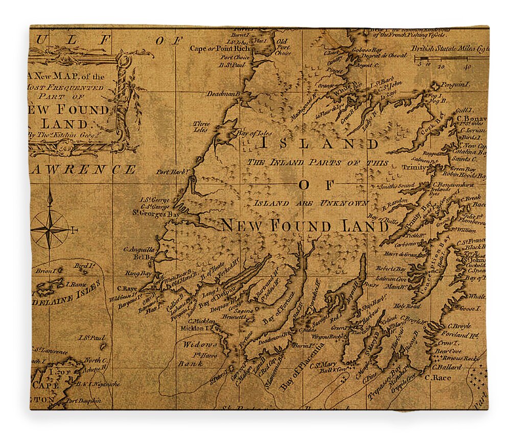 Newfoundland Fleece Blanket featuring the mixed media Newfoundland Canada Vintage Map 1762 by Design Turnpike