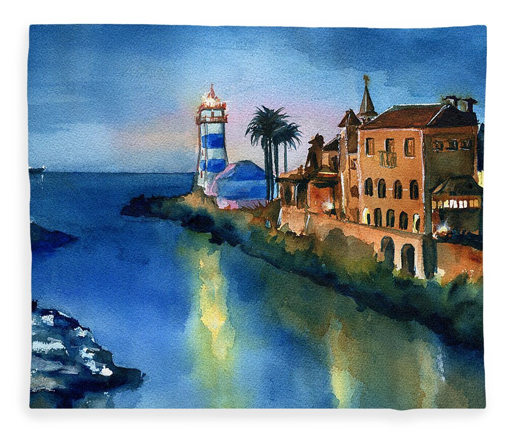 Portugal Fleece Blanket featuring the painting Nightfall in Cascais Portugal by Dora Hathazi Mendes