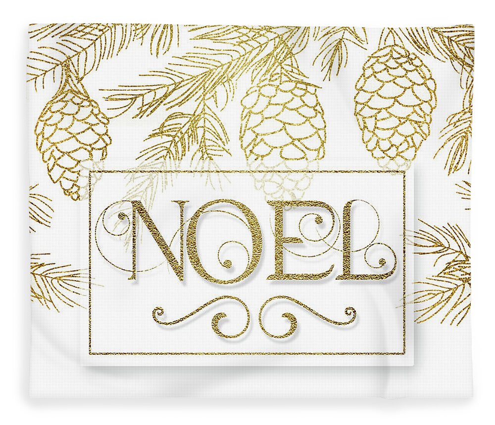 Christmas Fleece Blanket featuring the digital art Noel Christmas Typography in Gold and White Pine Branches by Doreen Erhardt