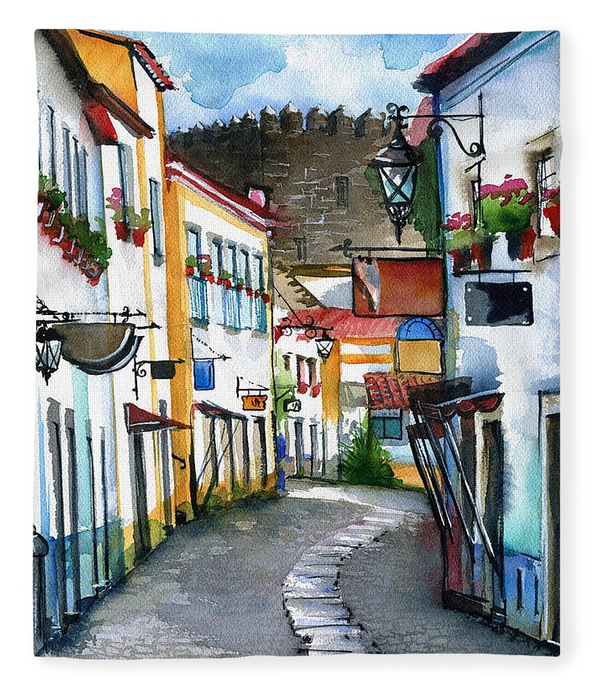 Portugal Fleece Blanket featuring the painting Obidos Portugal by Dora Hathazi Mendes