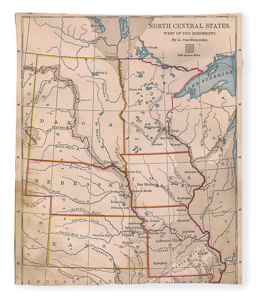 Rectangle Fleece Blanket featuring the photograph Old, Color Map Of North Central United by Ideabug