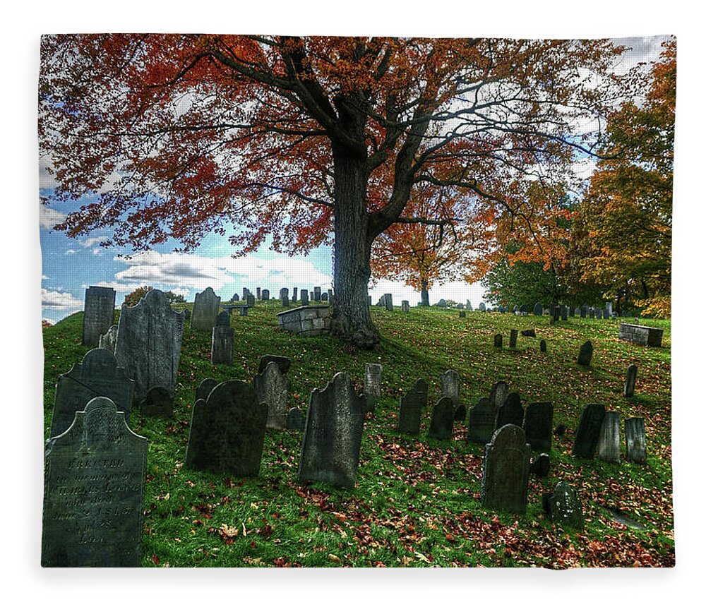 Cemetery Colonial Newburyport Historic Massachusetts Autumn Fall Foliage Graves Fleece Blanket featuring the photograph Old Hill Burying Ground in Autumn by Wayne Marshall Chase