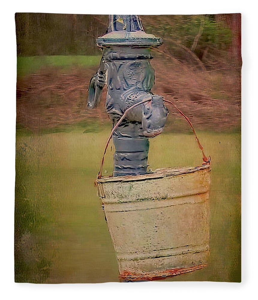 Pump Fleece Blanket featuring the digital art Old Pump and water bucket by Bonnie Willis