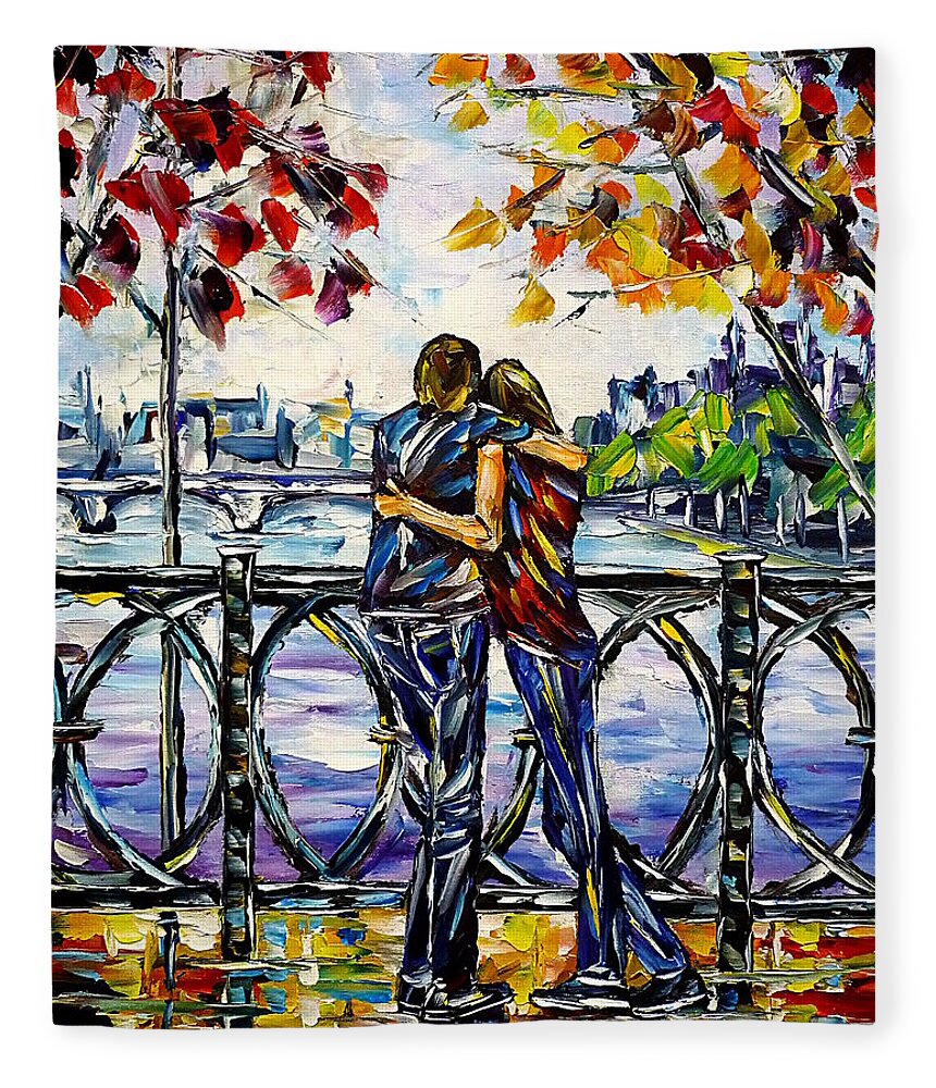 I Love Paris Fleece Blanket featuring the painting On The Paris Bridge by Mirek Kuzniar