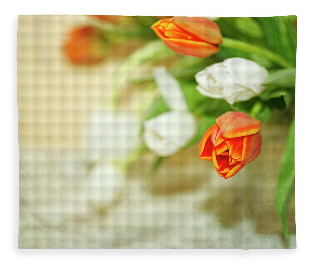 Orange Color Fleece Blanket featuring the photograph Orange And White Tulips, Textured by Susangaryphotography