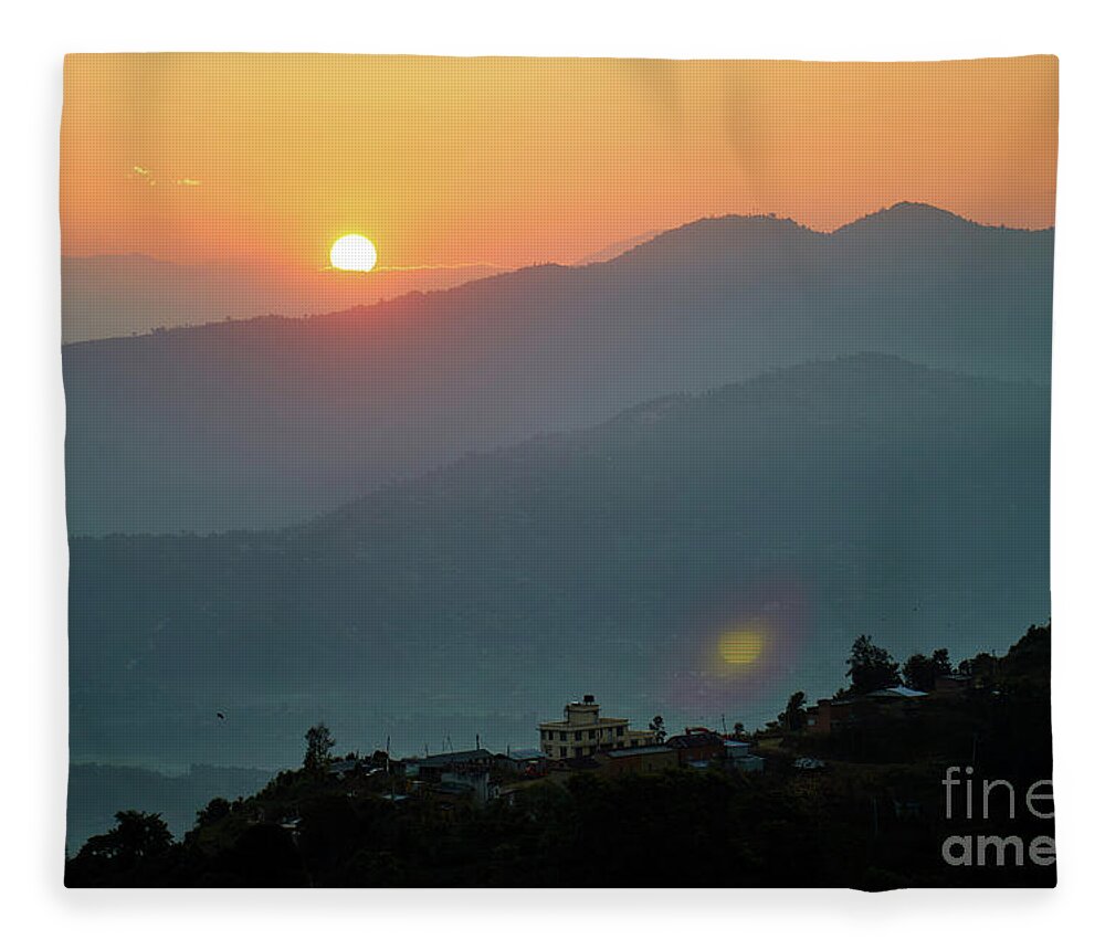 Himalaya Fleece Blanket featuring the photograph Orange sunrise above mountain in valley Himalayas mountains by Raimond Klavins