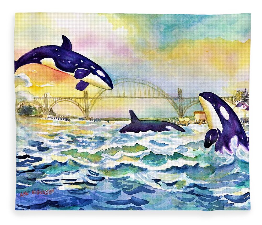 Orca Whales Fleece Blanket featuring the painting Orcas in Yaquina Bay by Ann Nicholson