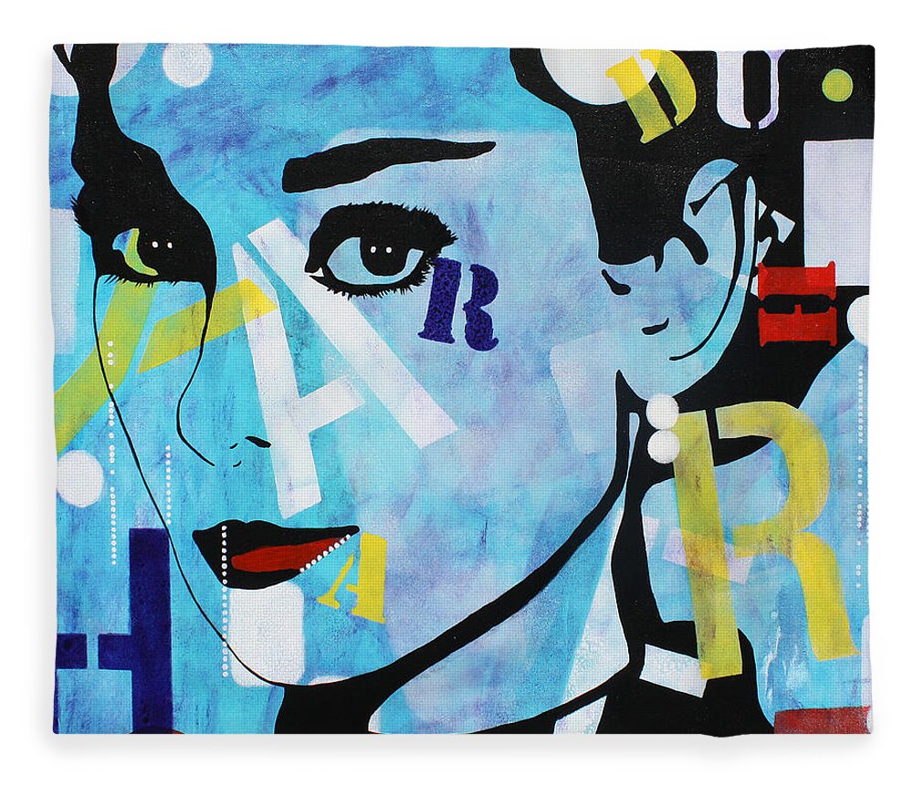 Hepburn Fleece Blanket featuring the painting Original Audrey Hepburn Portrait, Pop Art Portrait, Acrylic Painting by Kathleen Artist by Kathleen Artist PRO