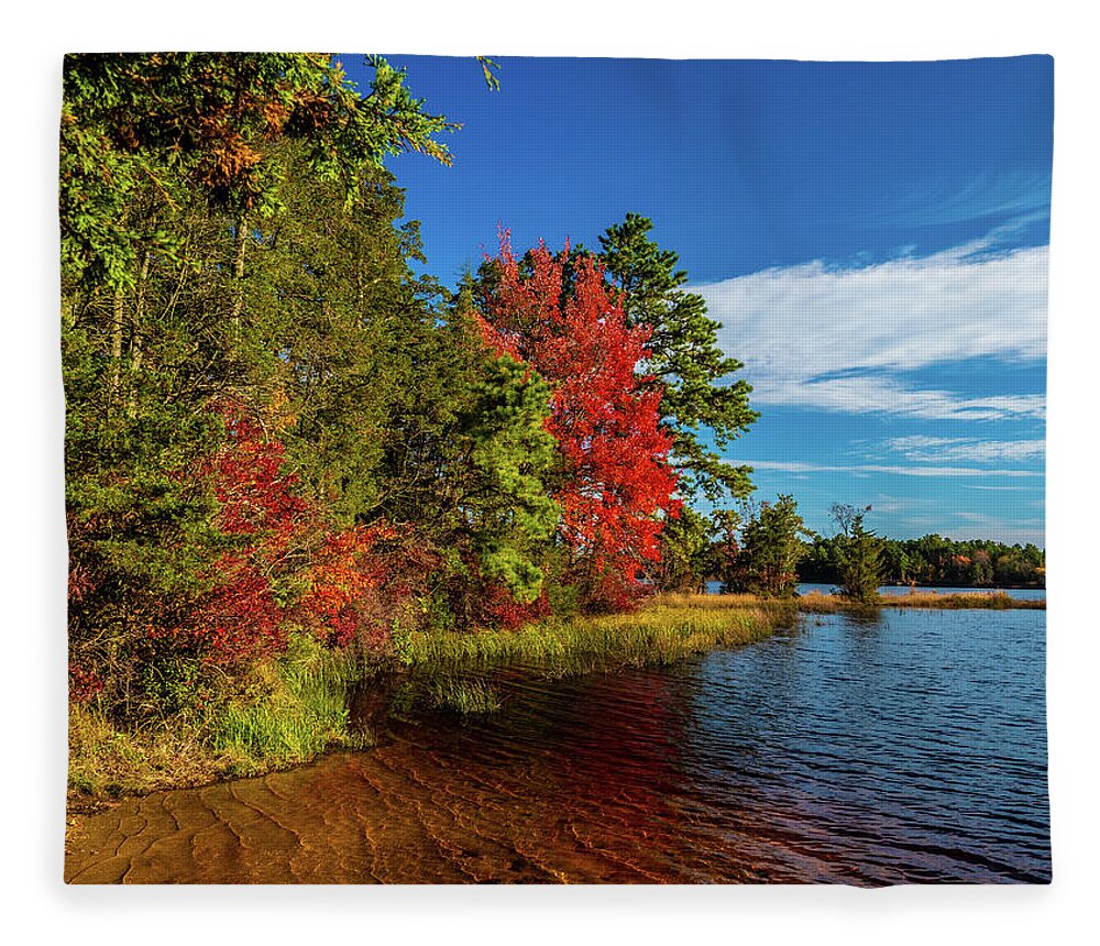 Fall Fleece Blanket featuring the photograph Oswego Lake Pinelands by Louis Dallara