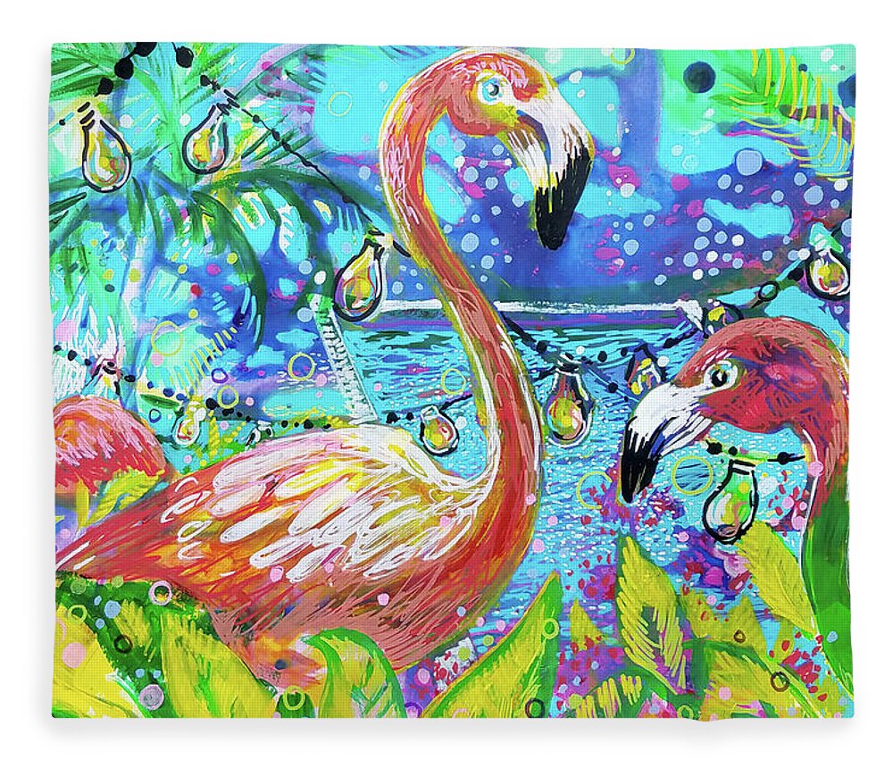 Flamingo Fleece Blanket featuring the painting Outdoor flamingo party by Tilly Strauss