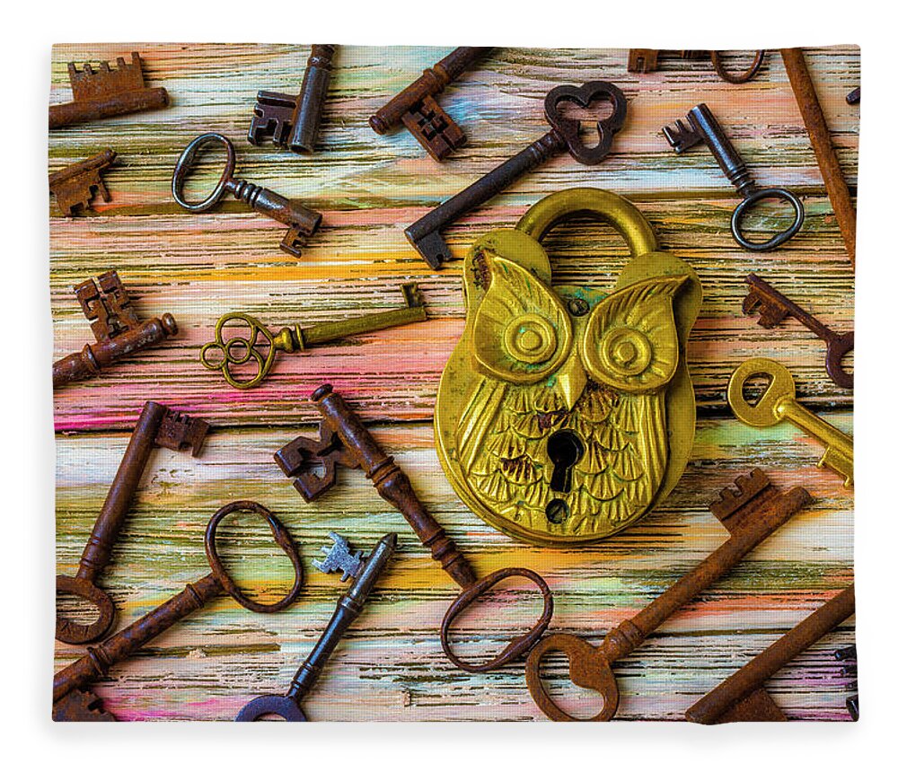 Secret Fleece Blanket featuring the photograph Owl Lock And Old Keys by Garry Gay