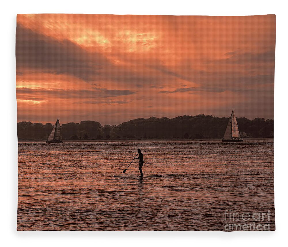 Sunrise Fleece Blanket featuring the photograph Paddleboarding On The Great Peconic Bay by Jeff Breiman