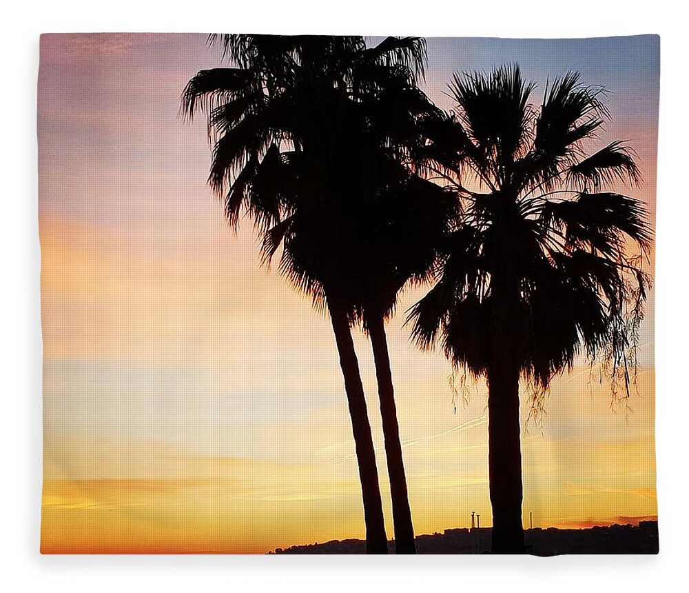 Sunset Fleece Blanket featuring the photograph Palm Tree Glow by Andrea Whitaker