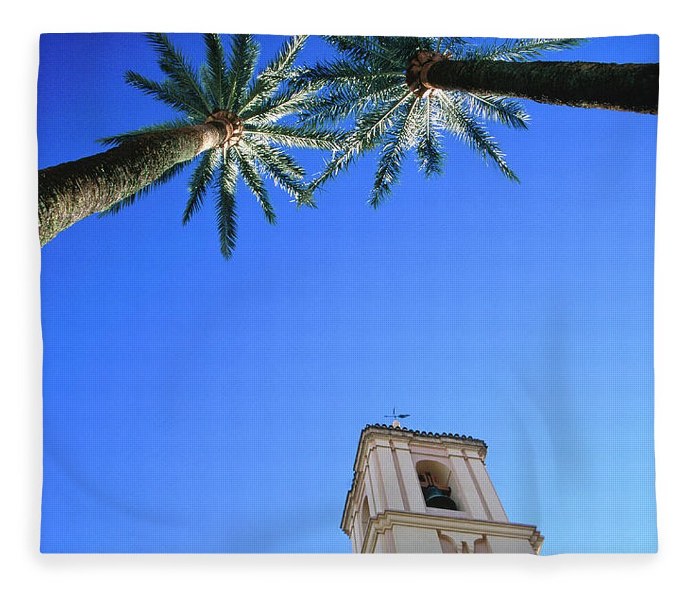 Outdoors Fleece Blanket featuring the photograph Palm Trees Framing Tower Of Iglesia De by Martin Llado