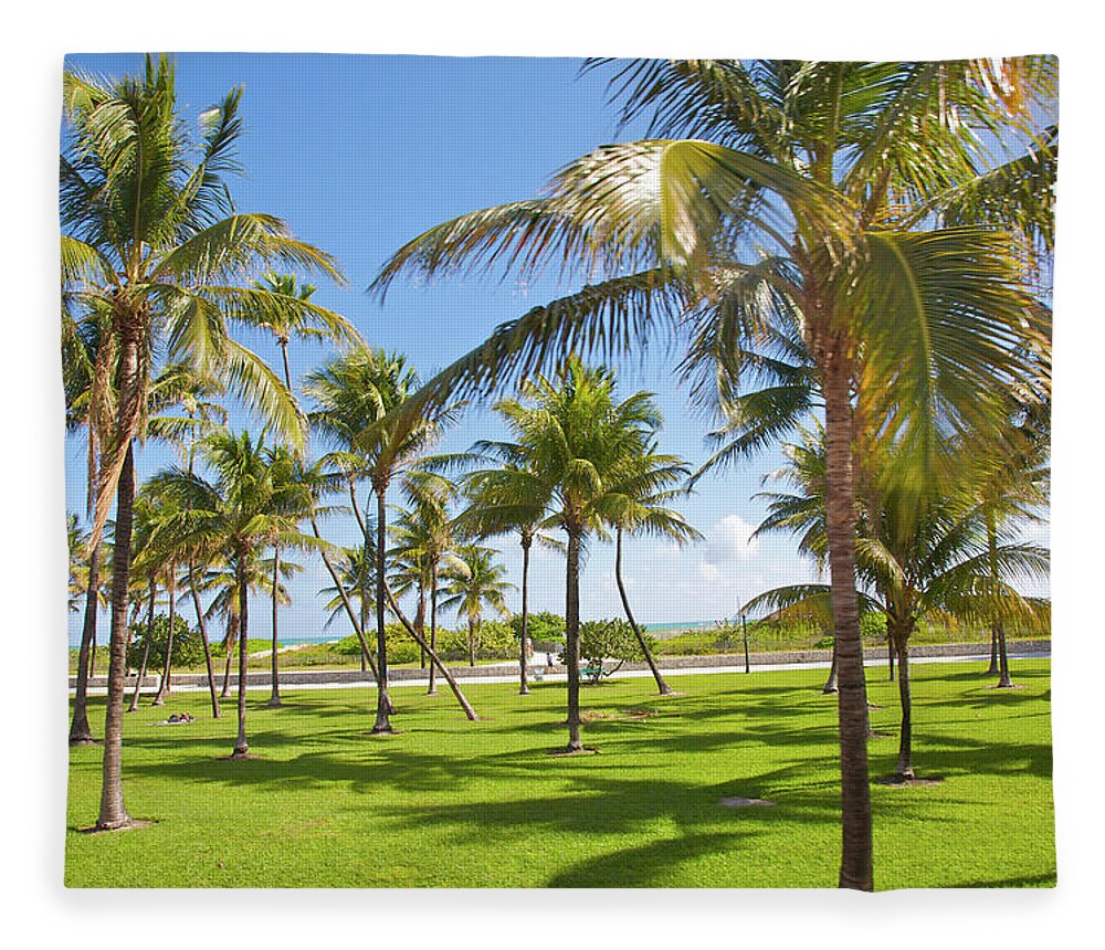 Tranquility Fleece Blanket featuring the photograph Palms, Green Lawn And Blue Sky In Resort by Barry Winiker