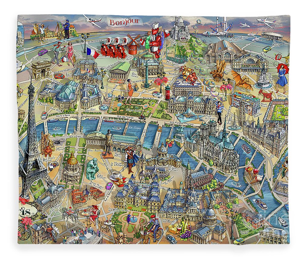 Paris Fleece Blanket featuring the photograph Paris Illustrated Map by Maria Rabinky