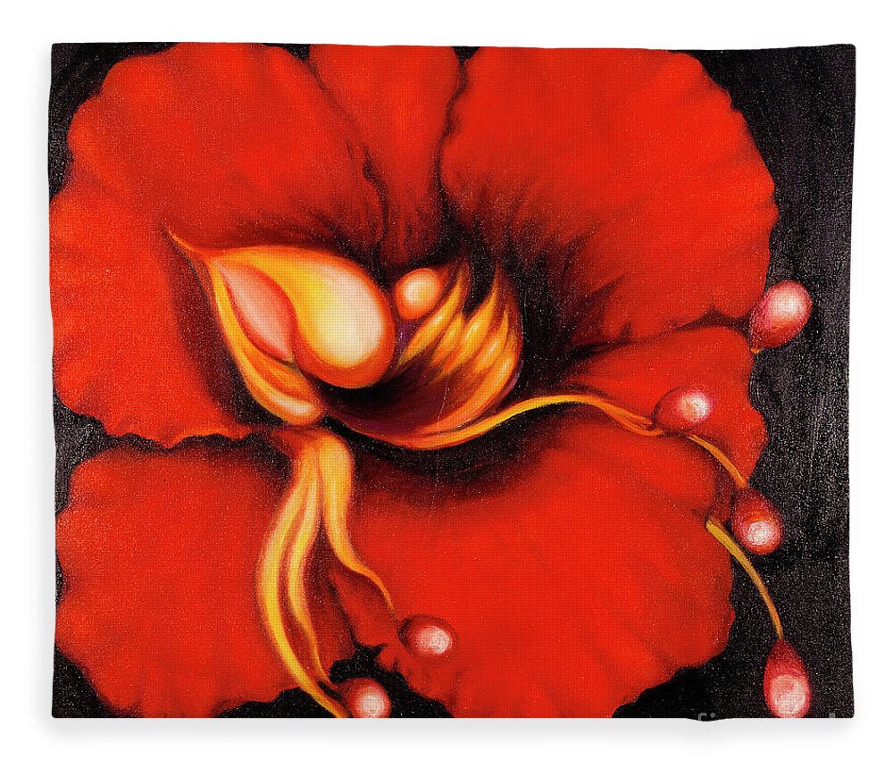 Red Surreal Bloom Artwork Fleece Blanket featuring the painting Passion Flower by Jordana Sands