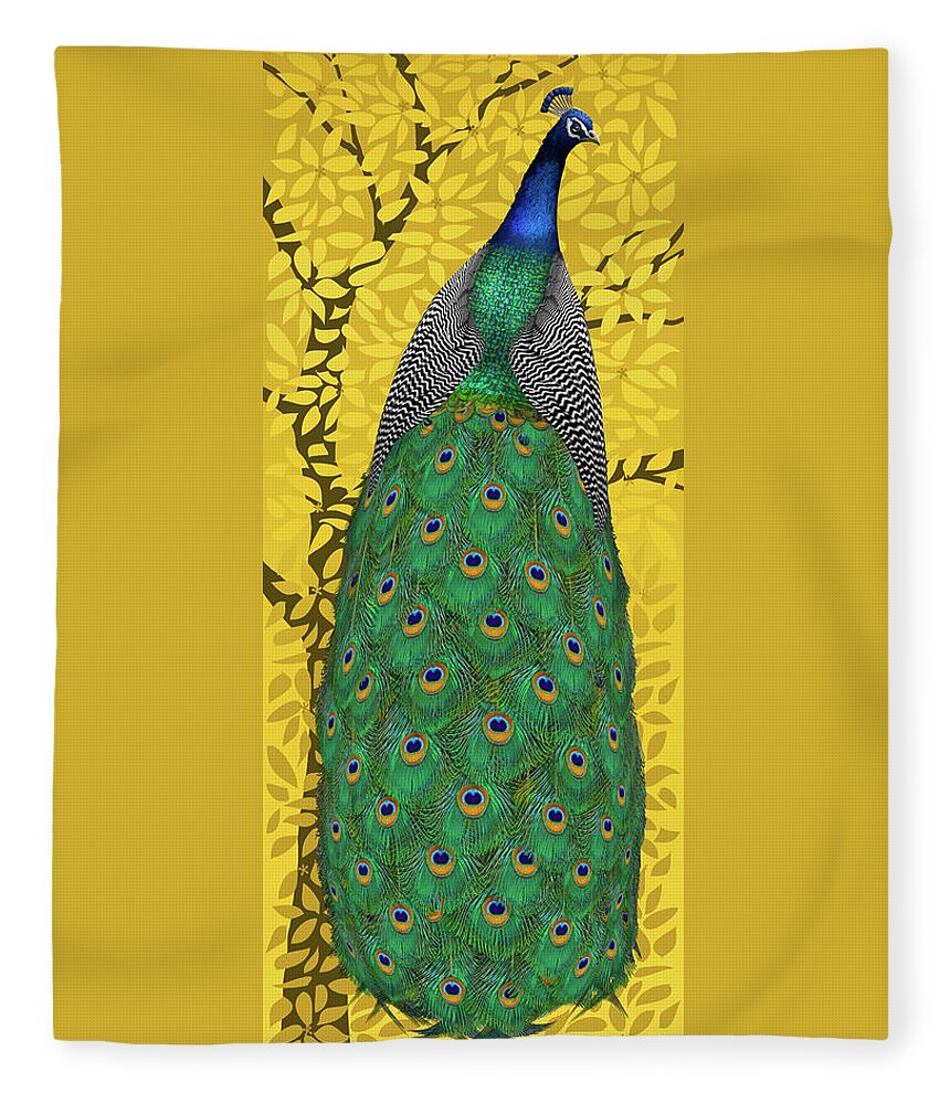 Peacock In Tree Fleece Blanket featuring the painting Peacock in Tree, Naples Yellow, Tall by David Arrigoni