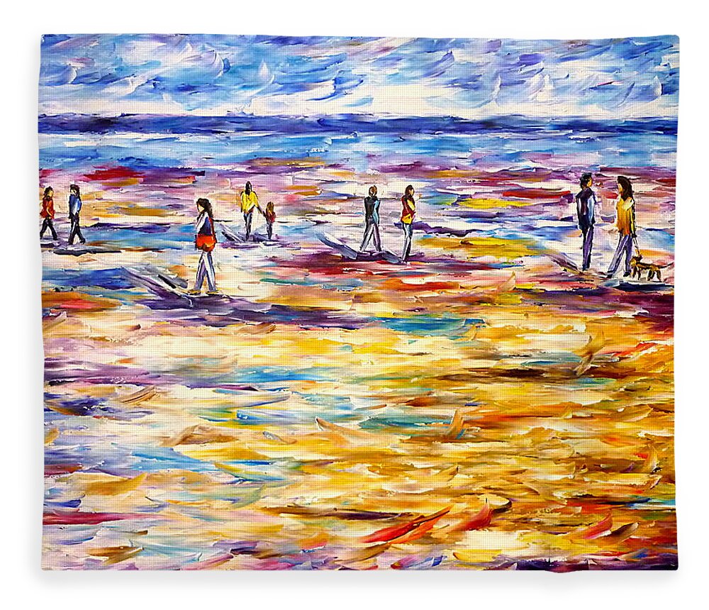 Beach Abstract Fleece Blanket featuring the painting People On The Beach by Mirek Kuzniar