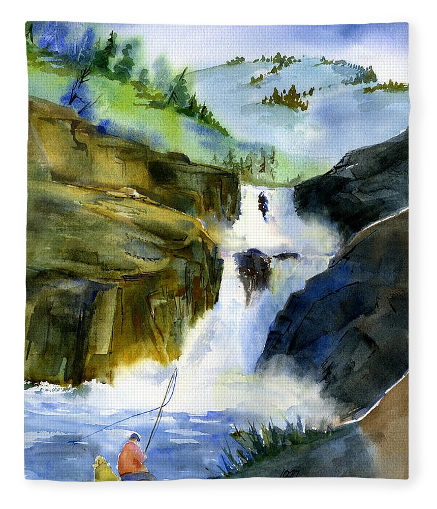 American River Fleece Blanket featuring the painting Petroglyph Falls Fishing by Joan Chlarson