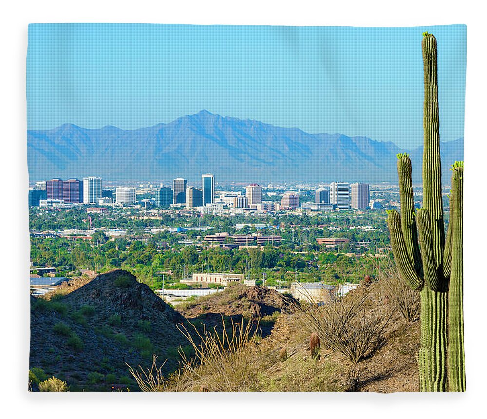Saguaro Cactus Fleece Blanket featuring the photograph Phoenix Skyline Framed By Saguaro by Dszc