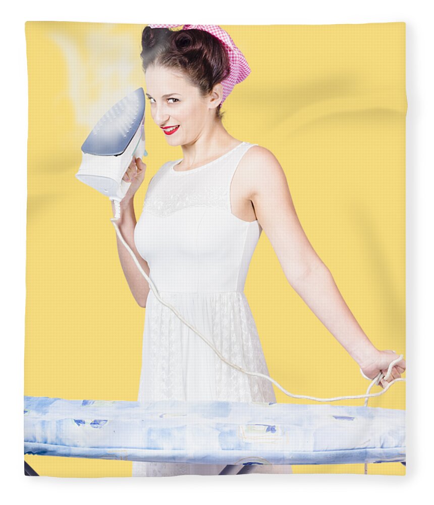 Cleaning Fleece Blanket featuring the photograph Pin up woman providing steam clean ironing service by Jorgo Photography