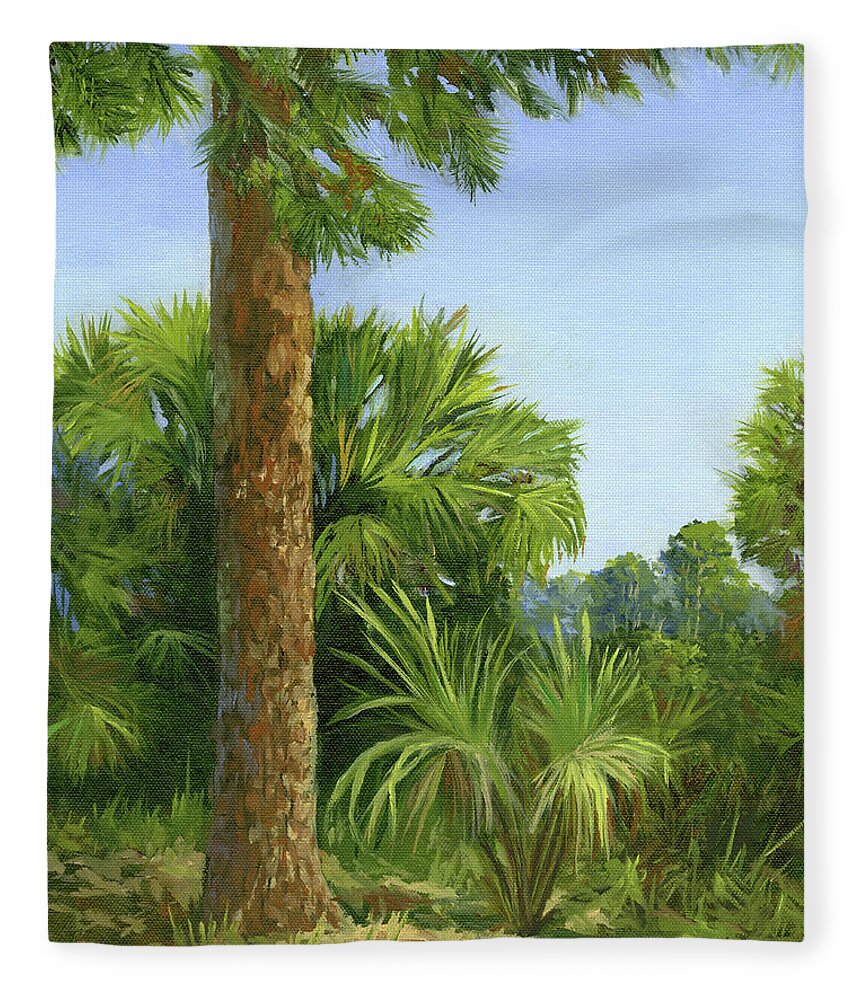 Landscape Fleece Blanket featuring the painting Pine and Palms by Donna Tucker