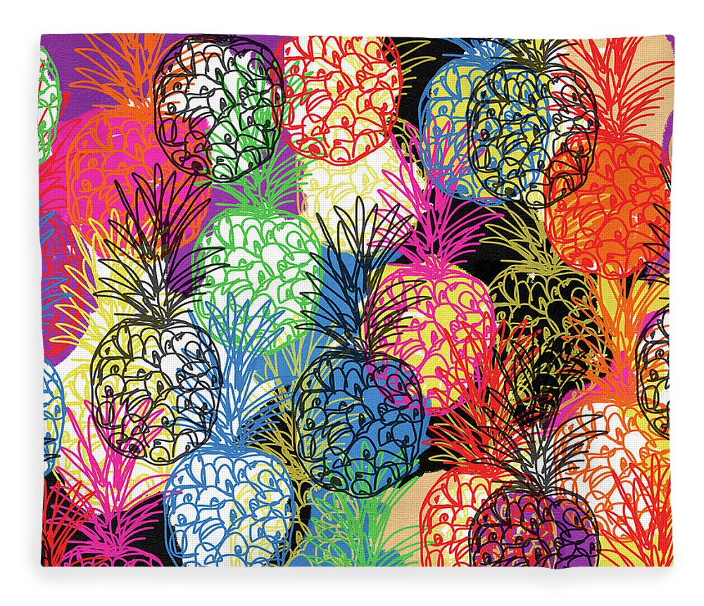 Pineapple Fleece Blanket featuring the mixed media Pineapple Party- Art by Linda Woods by Linda Woods