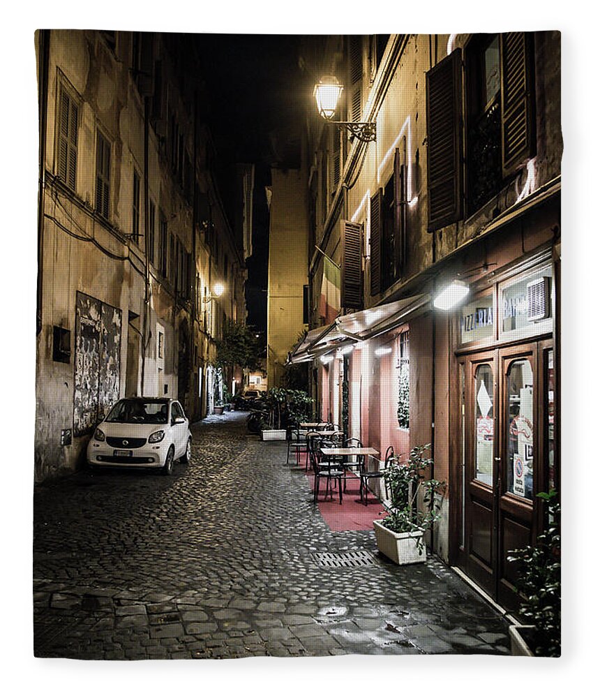 Italy Fleece Blanket featuring the photograph Pizzeria in Abandoned Street at Night in Rome in Italy by Andreas Berthold