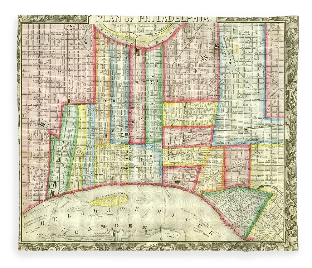 Map Fleece Blanket featuring the mixed media Plan of Philadelphia, 1860 by Augustus Mitchell