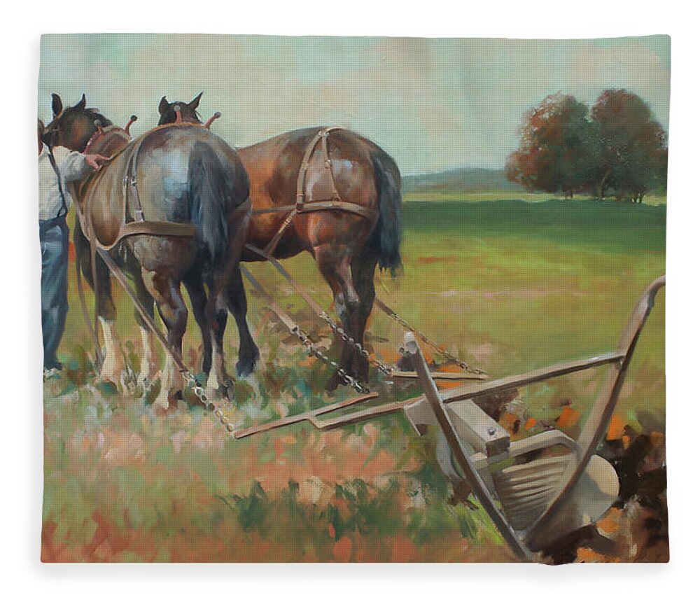 Farm Art Fleece Blanket featuring the painting Plowing the Field by Carolyne Hawley