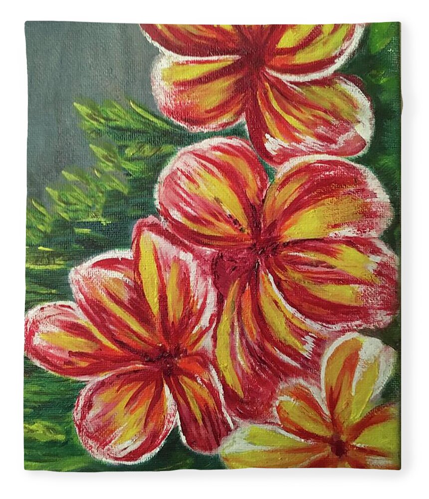 Plumeria Fleece Blanket featuring the painting Plumeria Flower in Downtown Pahoa by Michael Silbaugh