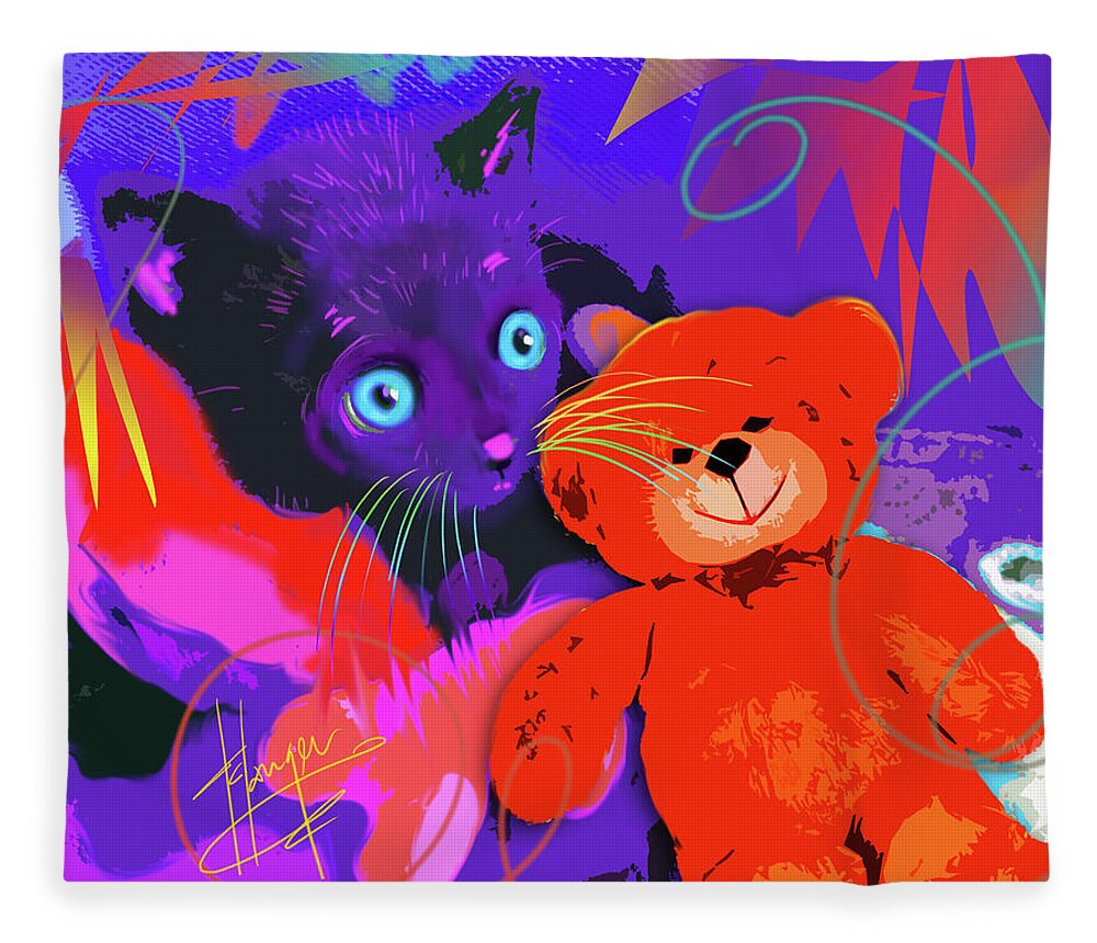 Dizzycats Fleece Blanket featuring the painting pOp Cat Teddy And His Teddy by DC Langer