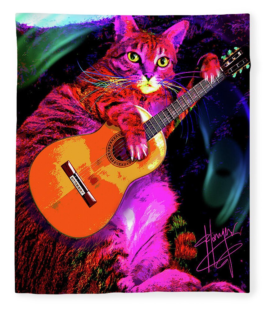 Guitar Fleece Blanket featuring the painting pOpCat Fat Cat Slim by DC Langer