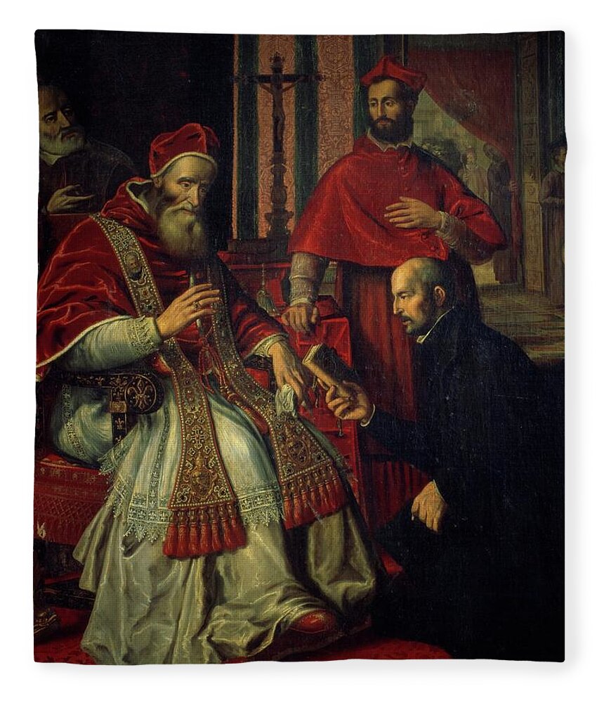 Ignatius Of Loyola Fleece Blanket featuring the painting Pope Paul III -Alexander Farnese- -1468-1549- receives rule book of Jesuit order from St. Ignatiu... by Album