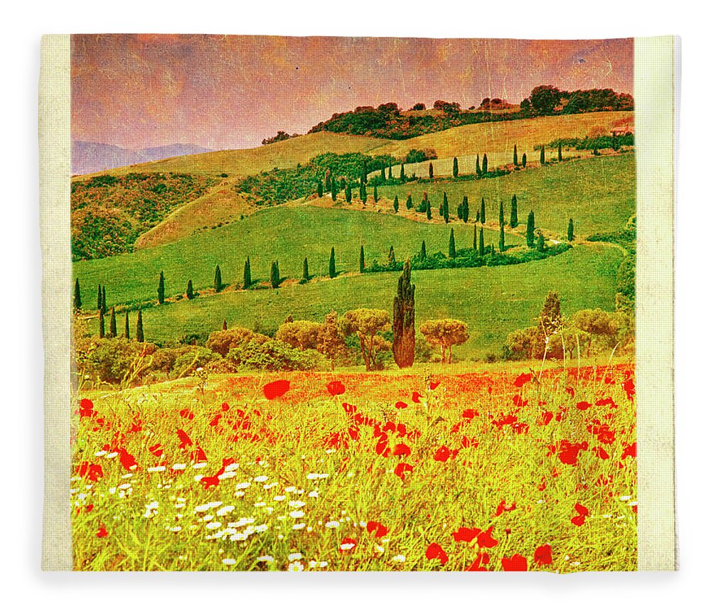 Scenics Fleece Blanket featuring the digital art Poppies And Cyprus, Val Dorcia by Kathy Collins
