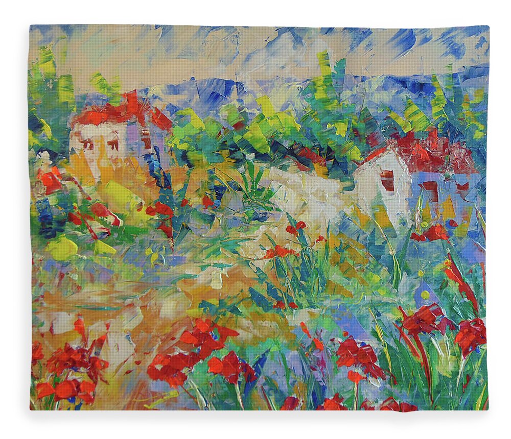 Provence Fleece Blanket featuring the painting Poppy filed Provence by Frederic Payet