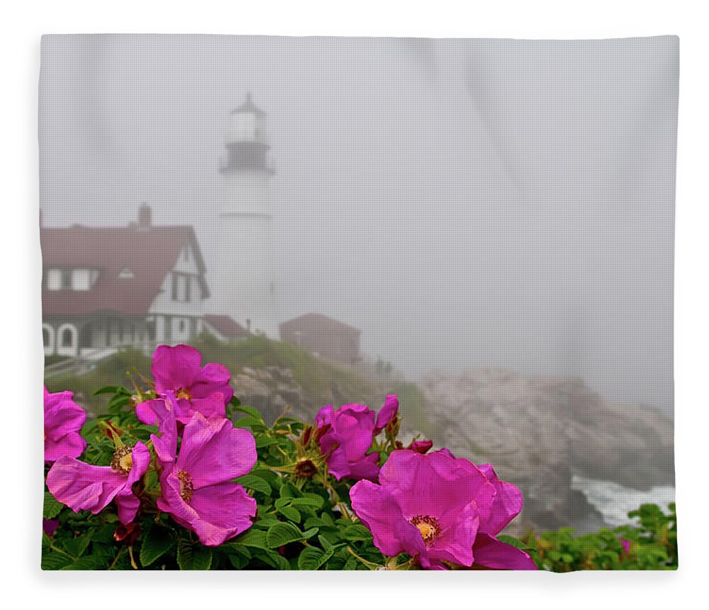 Built Structure Fleece Blanket featuring the photograph Portland Headlight With Rosa Rugosa And by Www.cfwphotography.com