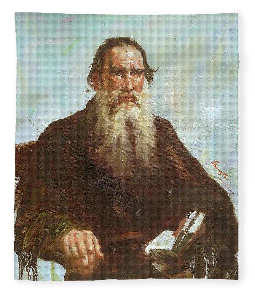 Oil Painting Fleece Blanket featuring the painting Portrait of Leo Tolstoy by Hongtao Huang