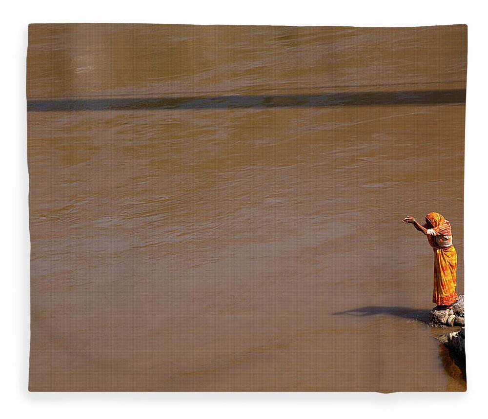 Hinduism Fleece Blanket featuring the photograph Praying On Banks Of Holy Ganges In by Claude Renault