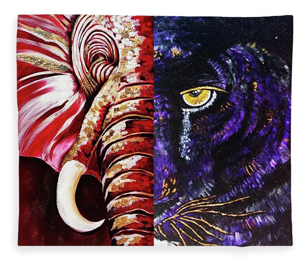 Elephant And A Panther Repping You Org And You School Can Create Custom Piece Fleece Blanket featuring the painting Proud Soror, Proud Panther by Femme Blaicasso
