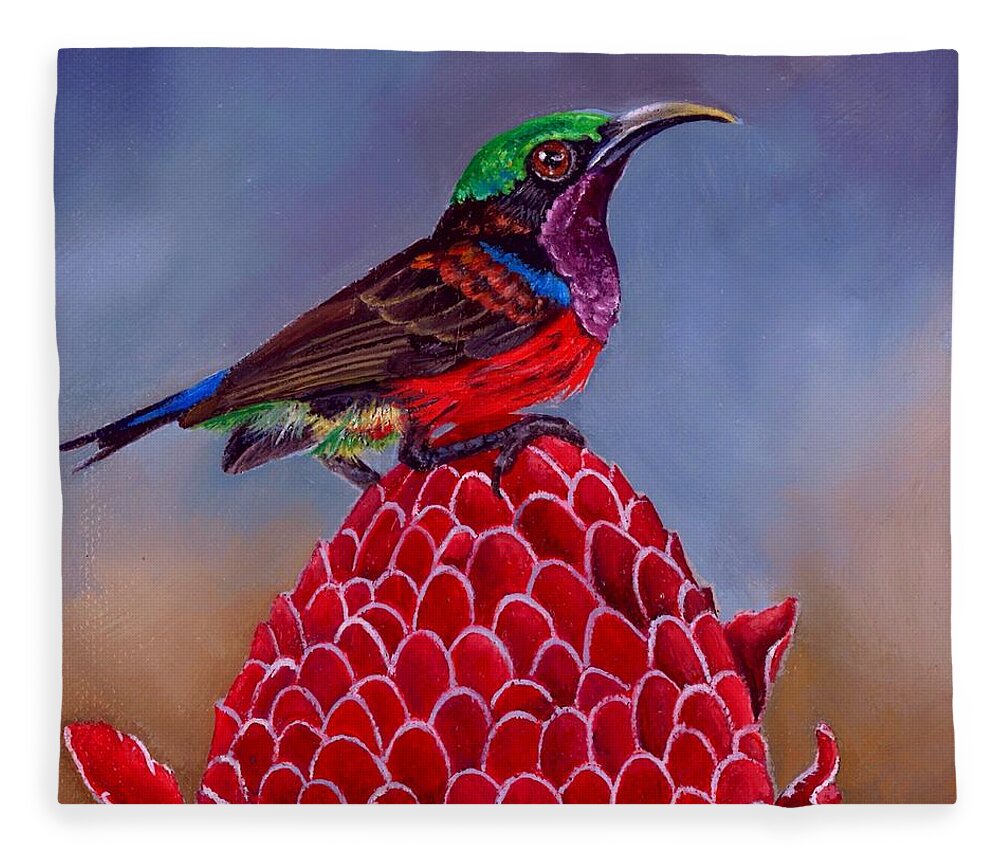 Birds Fleece Blanket featuring the painting Purple Throated Sunbird on Red Torch Ginger by Dana Newman