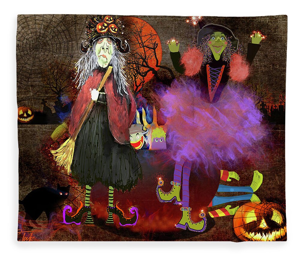 Halloween Fleece Blanket featuring the mixed media Pumkinella and Flufnella by Colleen Taylor