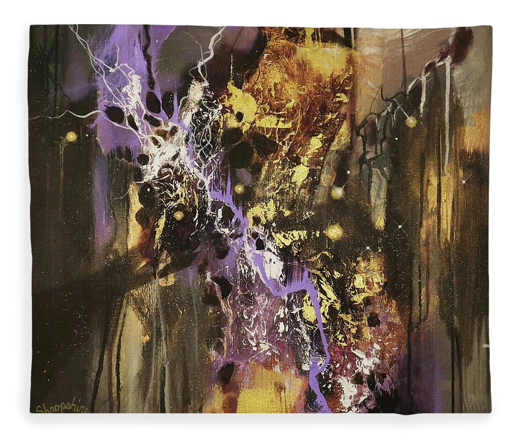 Abstract Fleece Blanket featuring the painting Purple and Gold Fusion by Tom Shropshire