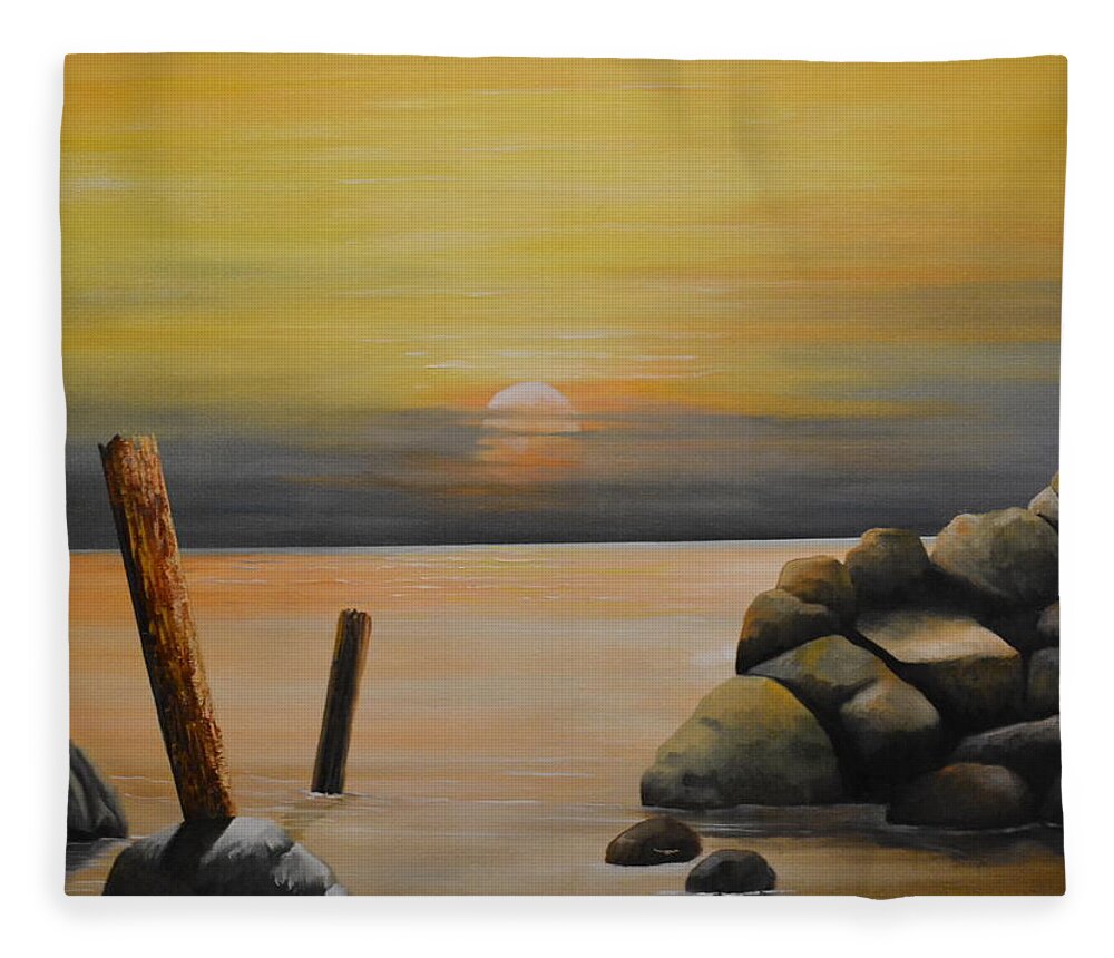 This Oil Painting Contains A Sea Fleece Blanket featuring the painting Quiet Sea by Martin Schmidt